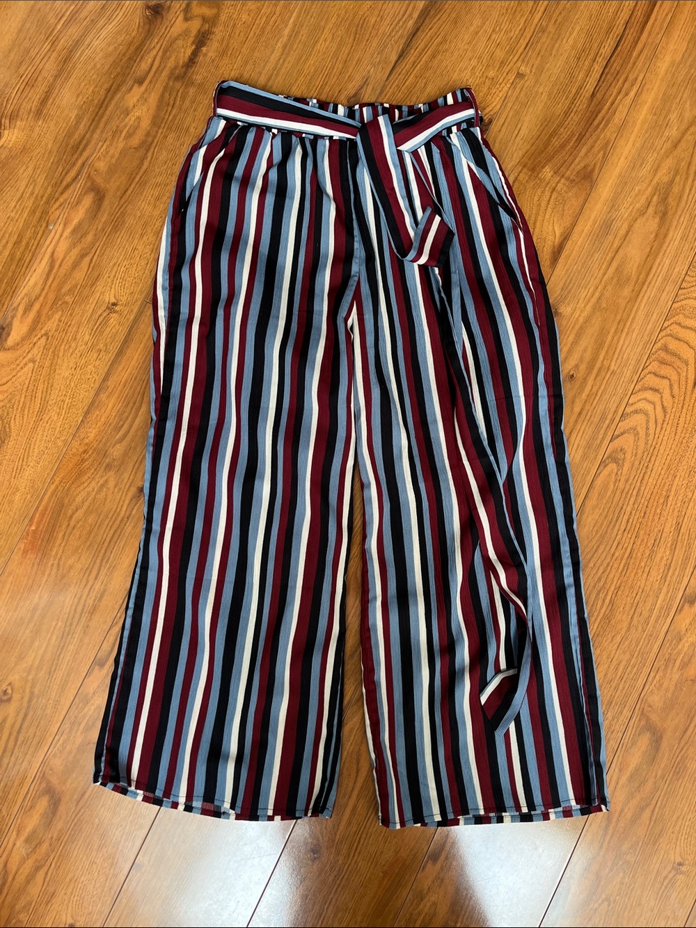 Lumiere Wide Leg Striped Pants in Burgundy, Navy & White